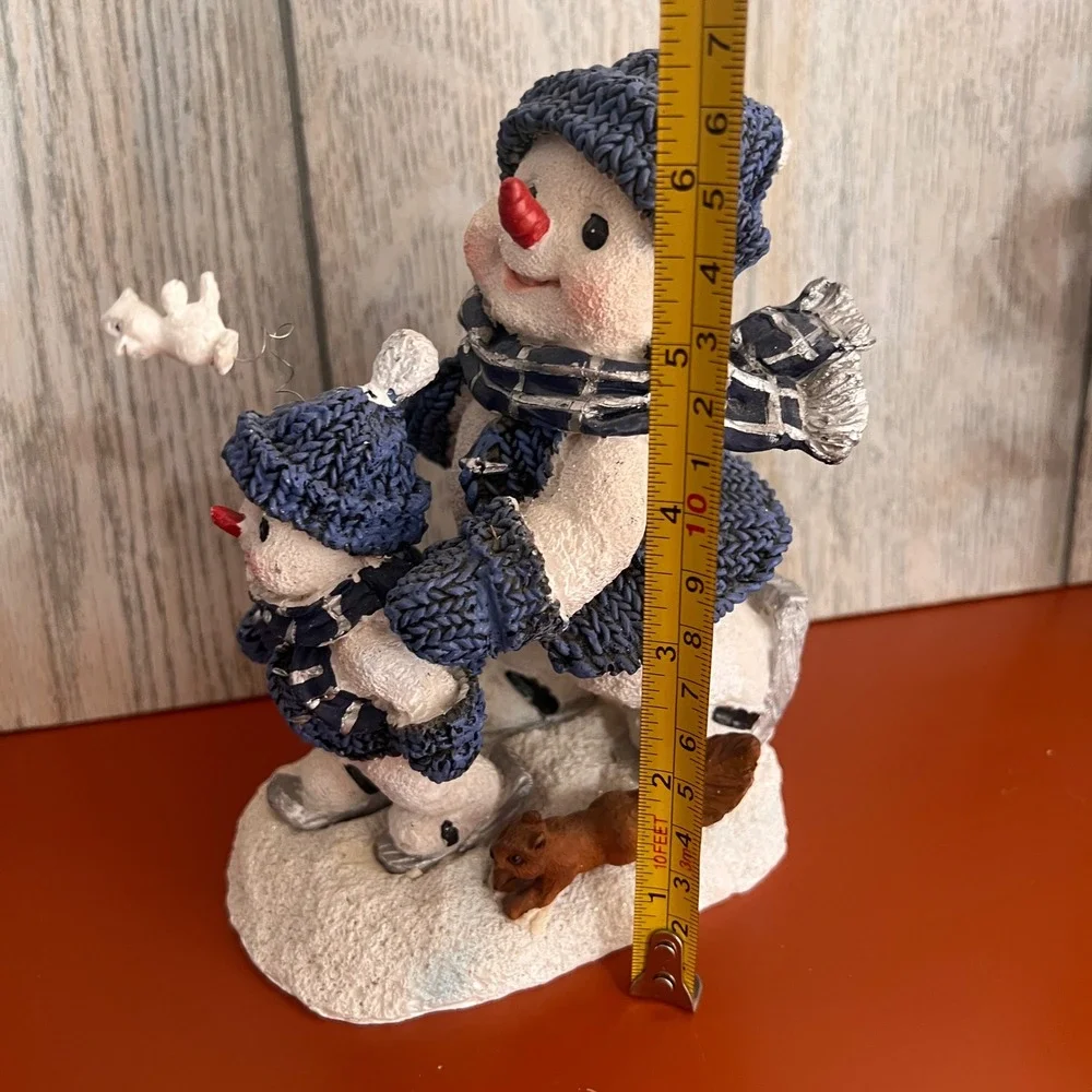 Snowman Buddy Family Ice Skating Figurine Blue Knit Sweaters Squirrel Bird